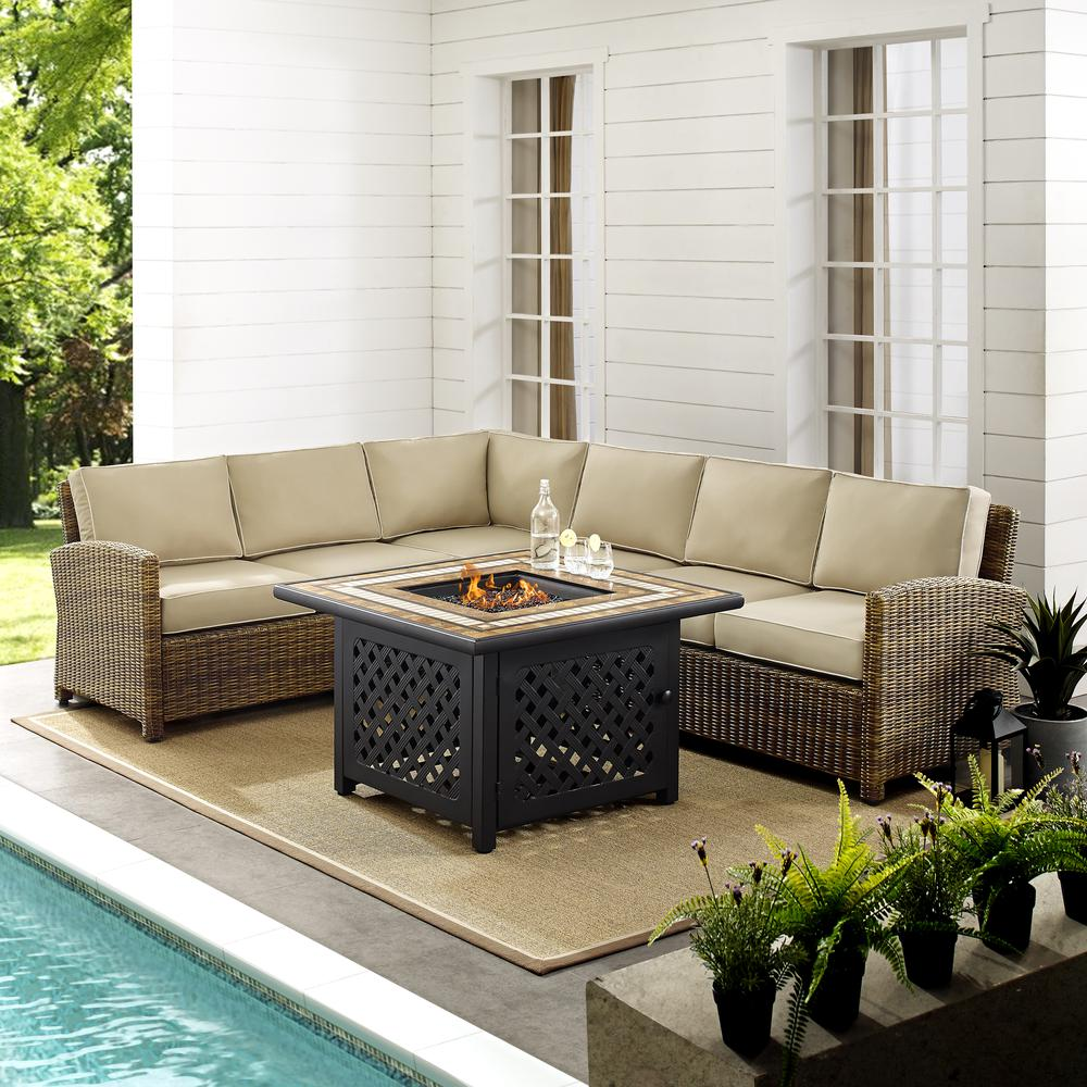 Bradenton 5Pc Outdoor Wicker Sectional Set W/Fire Table Weathered Brown/Sand - Right Corner Loveseat, Left Corner Loveseat, Corner Chair, Center Chair, Fire Table