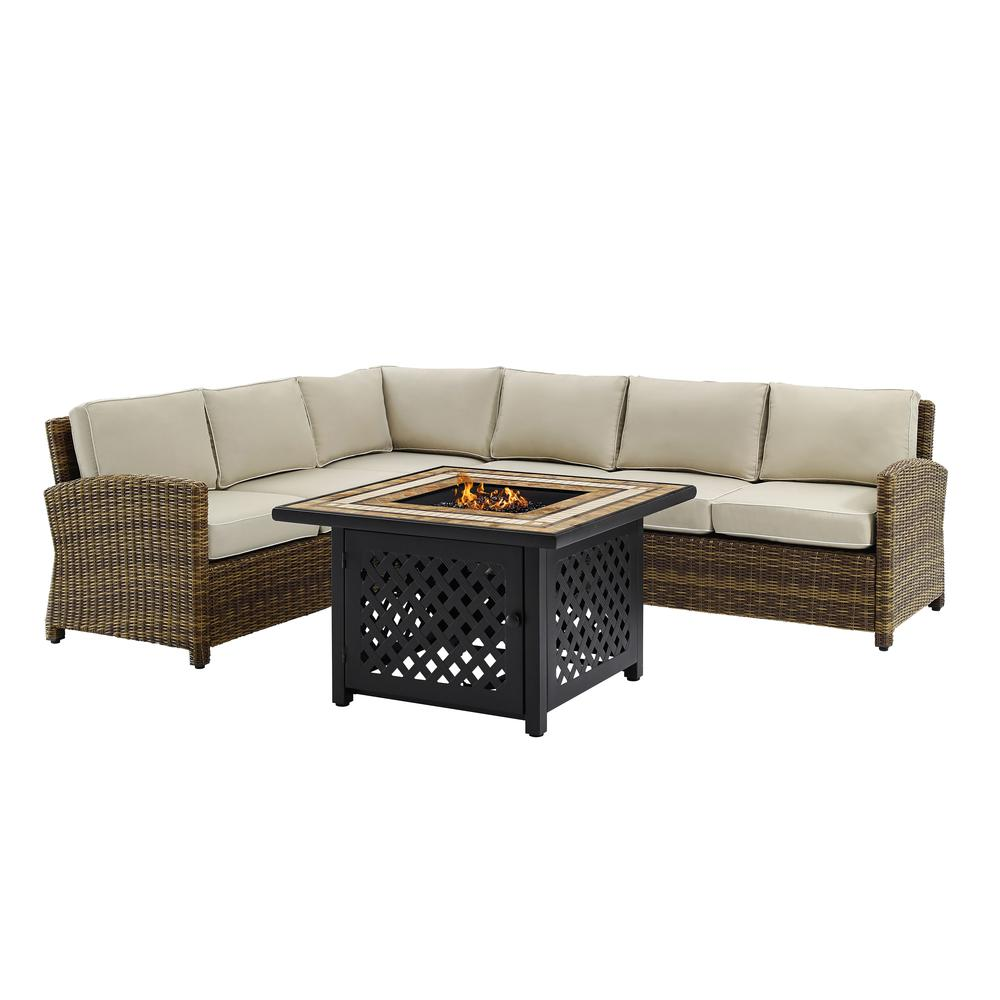 Bradenton 5Pc Outdoor Wicker Sectional Set W/Fire Table Weathered Brown/Sand - Right Corner Loveseat, Left Corner Loveseat, Corner Chair, Center Chair, Fire Table