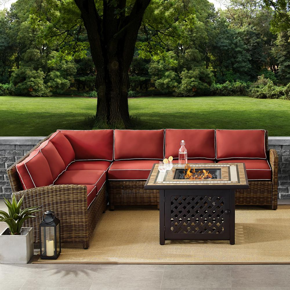 Bradenton 5Pc Outdoor Wicker Sectional Set W/Fire Table Weathered Brown/Sangria - Right Corner Loveseat, Left Corner Loveseat, Corner Chair, Center Chair, Fire Table