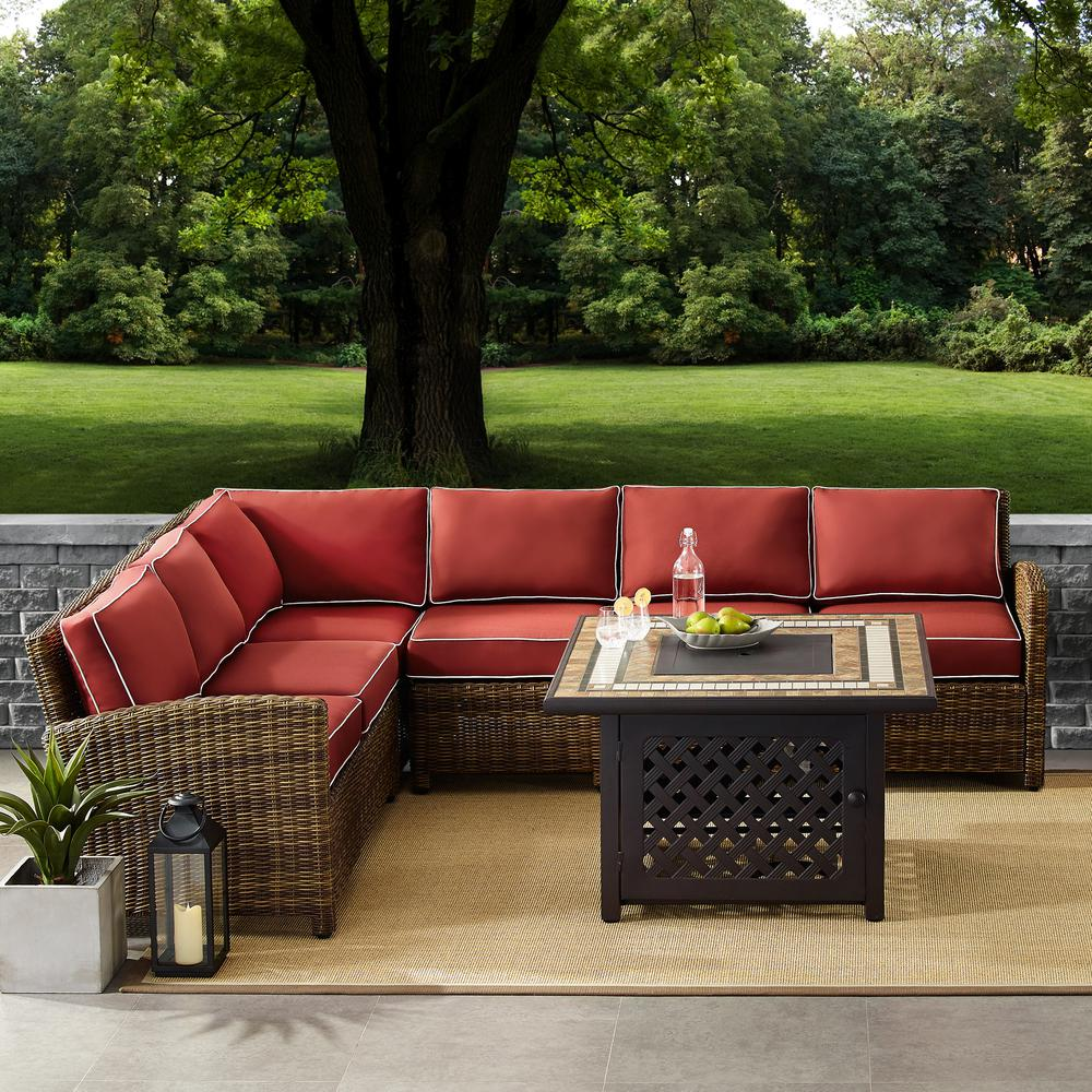 Bradenton 5Pc Outdoor Wicker Sectional Set W/Fire Table Weathered Brown/Sangria - Right Corner Loveseat, Left Corner Loveseat, Corner Chair, Center Chair, Fire Table