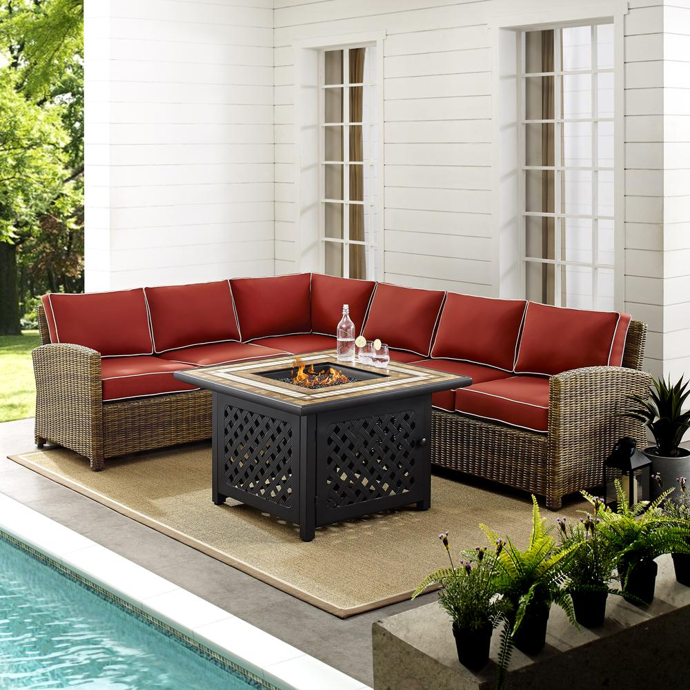 Bradenton 5Pc Outdoor Wicker Sectional Set W/Fire Table Weathered Brown/Sangria - Right Corner Loveseat, Left Corner Loveseat, Corner Chair, Center Chair, Fire Table