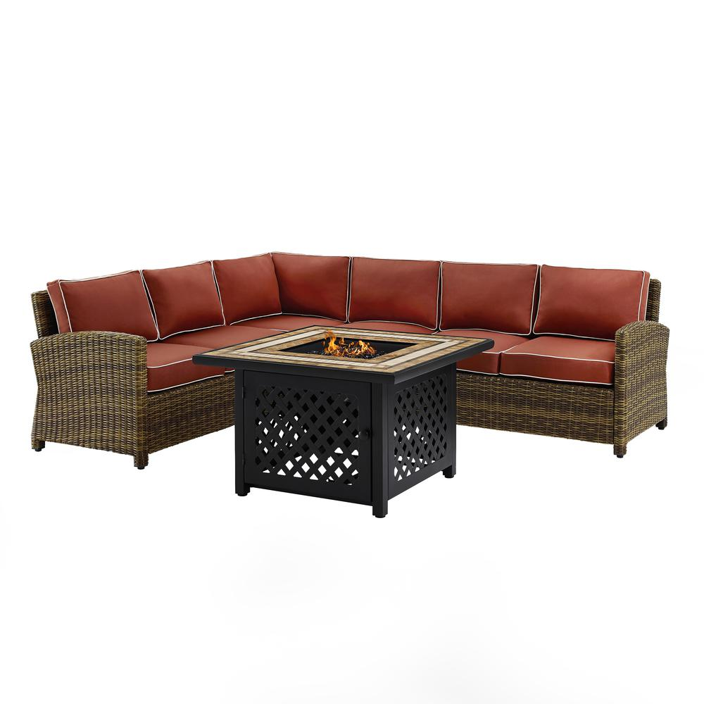 Bradenton 5Pc Outdoor Wicker Sectional Set W/Fire Table Weathered Brown/Sangria - Right Corner Loveseat, Left Corner Loveseat, Corner Chair, Center Chair, Fire Table