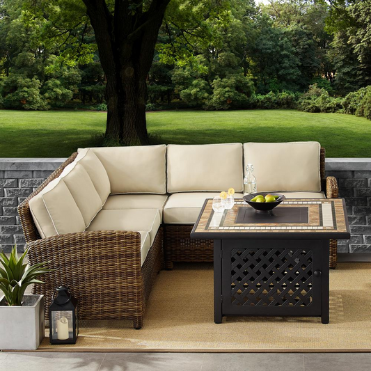 Bradenton 4Pc Outdoor Wicker Sectional Set W/Fire Table Weathered Brown/Sand - Right Corner Loveseat, Left Corner Loveseat, Corner Chair, Fire Table