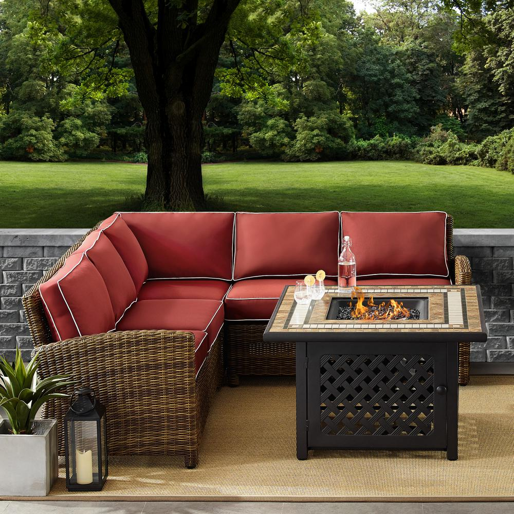 Bradenton 4Pc Outdoor Wicker Sectional Set W/Fire Table Weathered Brown/Sangria - Right Corner Loveseat, Left Corner Loveseat, Corner Chair, Fire Table