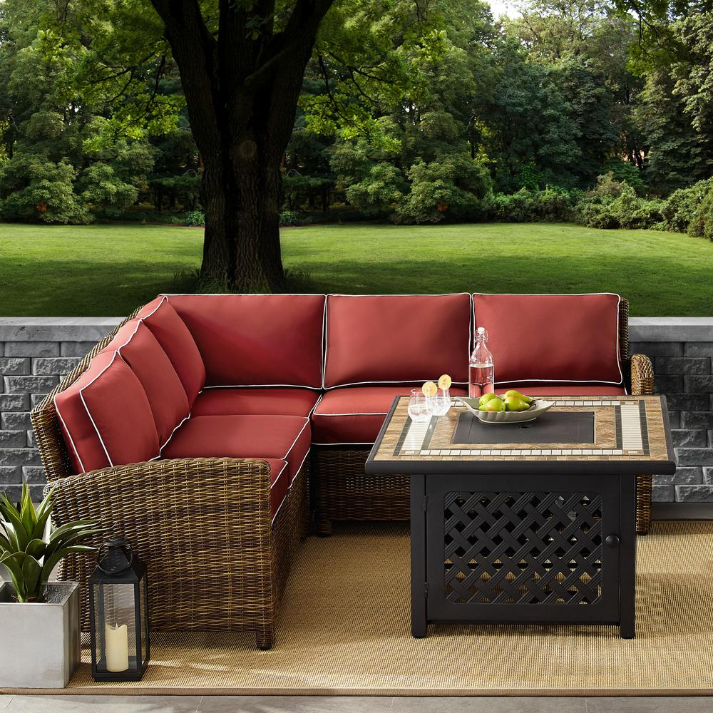 Bradenton 4Pc Outdoor Wicker Sectional Set W/Fire Table Weathered Brown/Sangria - Right Corner Loveseat, Left Corner Loveseat, Corner Chair, Fire Table