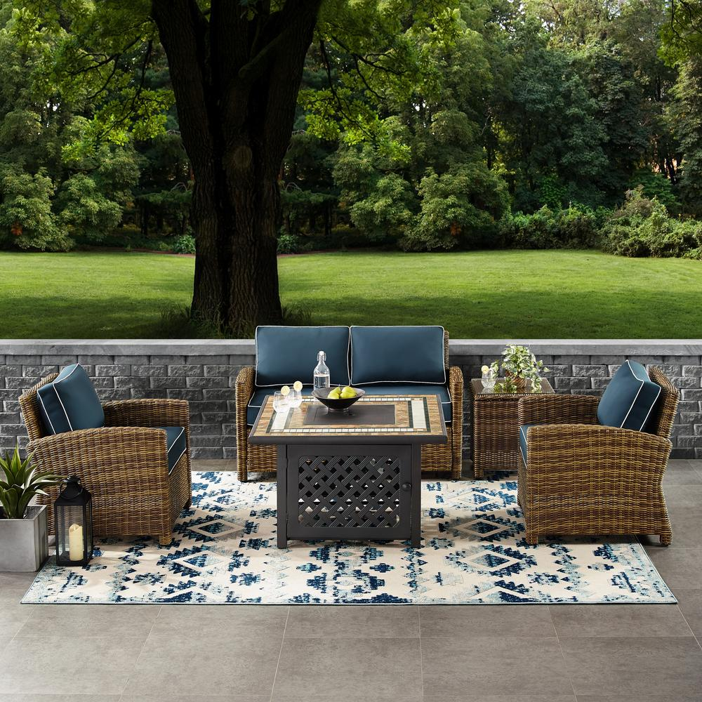 Bradenton 5Pc Outdoor Wicker Conversation Set W/Fire Table Weathered Brown/Navy - Loveseat, 2 Arm Chairs, Side Table, Fire Table