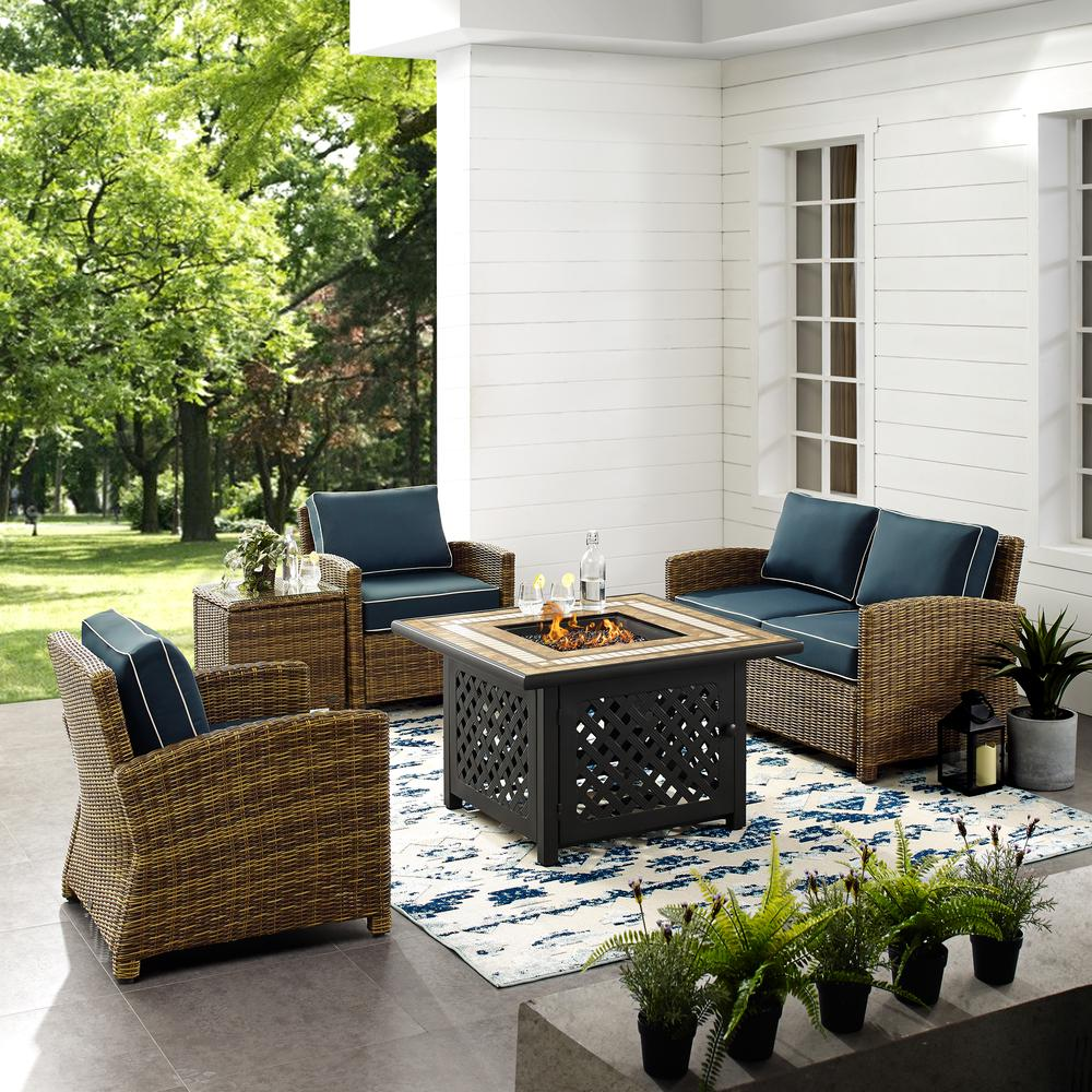 Bradenton 5Pc Outdoor Wicker Conversation Set W/Fire Table Weathered Brown/Navy - Loveseat, 2 Arm Chairs, Side Table, Fire Table