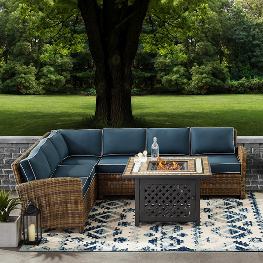 Bradenton 5Pc Outdoor Wicker Sectional Set W/Fire Table Weathered Brown/Navy - Right Corner Loveseat, Left Corner Loveseat, Corner Chair, Center Chair, Fire Table