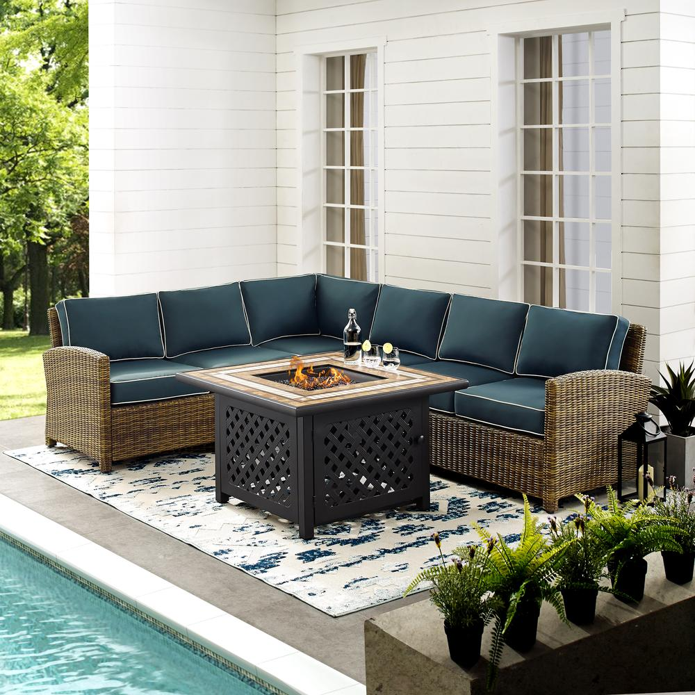 Bradenton 5Pc Outdoor Wicker Sectional Set W/Fire Table Weathered Brown/Navy - Right Corner Loveseat, Left Corner Loveseat, Corner Chair, Center Chair, Fire Table