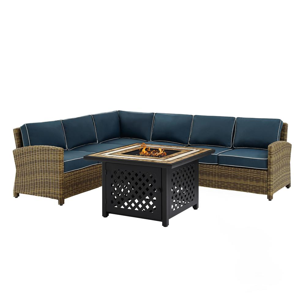 Bradenton 5Pc Outdoor Wicker Sectional Set W/Fire Table Weathered Brown/Navy - Right Corner Loveseat, Left Corner Loveseat, Corner Chair, Center Chair, Fire Table