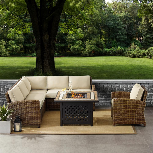 Bradenton 5Pc Outdoor Wicker Sectional Set W/Fire Table Weathered Brown/Sand - Right Corner Loveseat, Left Corner Loveseat, Corner Chair, Arm Chair, Fire Table