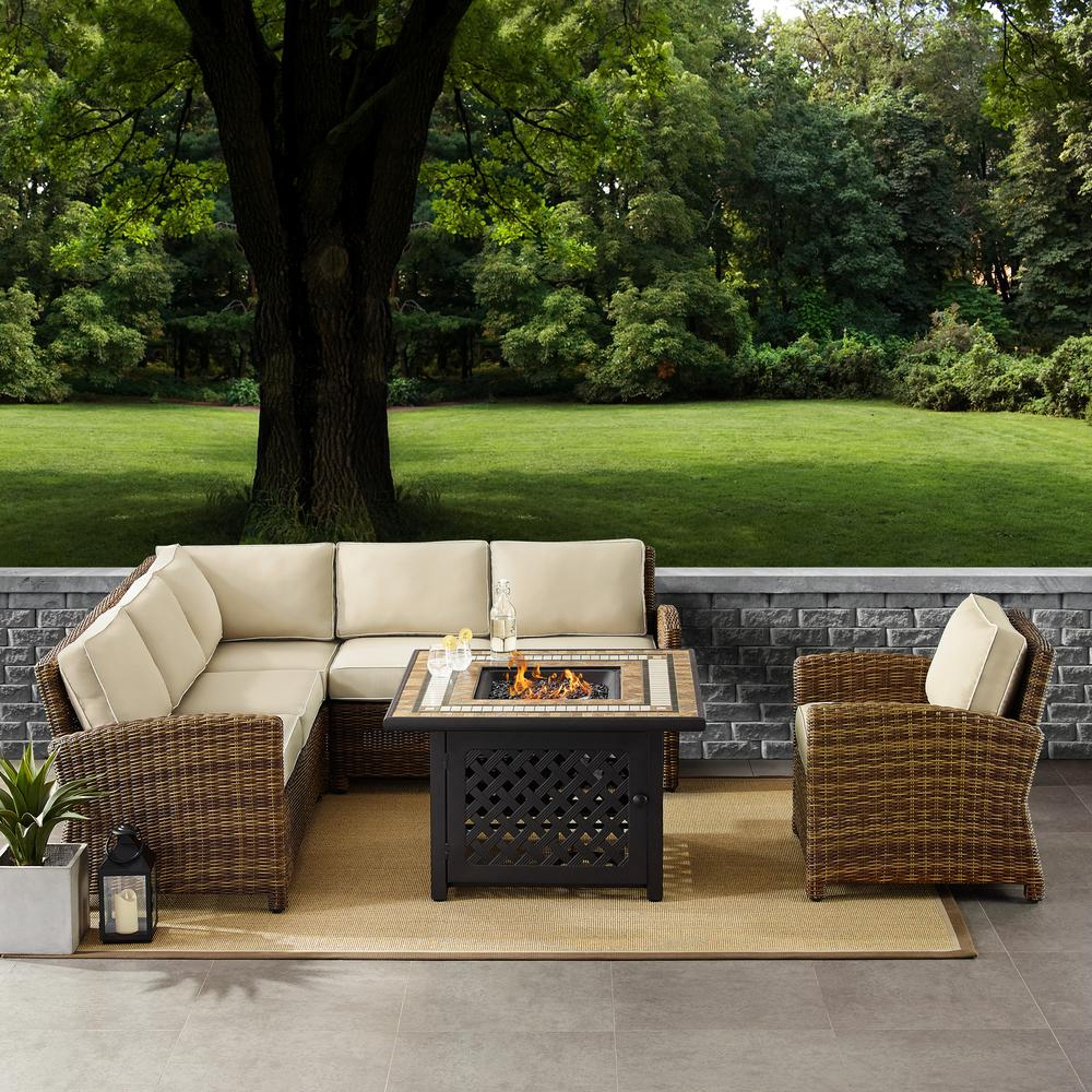 Bradenton 5Pc Outdoor Wicker Sectional Set W/Fire Table Weathered Brown/Sand - Right Corner Loveseat, Left Corner Loveseat, Corner Chair, Arm Chair, Fire Table