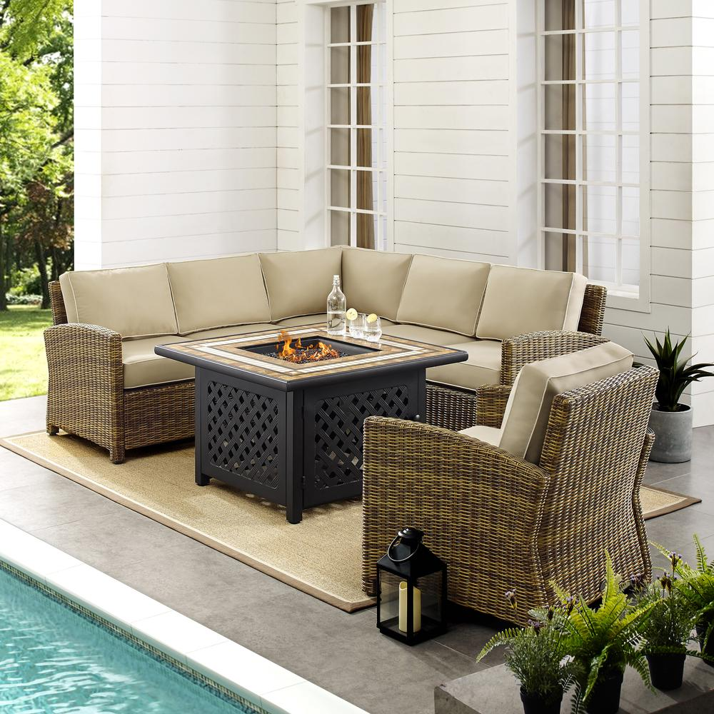 Bradenton 5Pc Outdoor Wicker Sectional Set W/Fire Table Weathered Brown/Sand - Right Corner Loveseat, Left Corner Loveseat, Corner Chair, Arm Chair, Fire Table