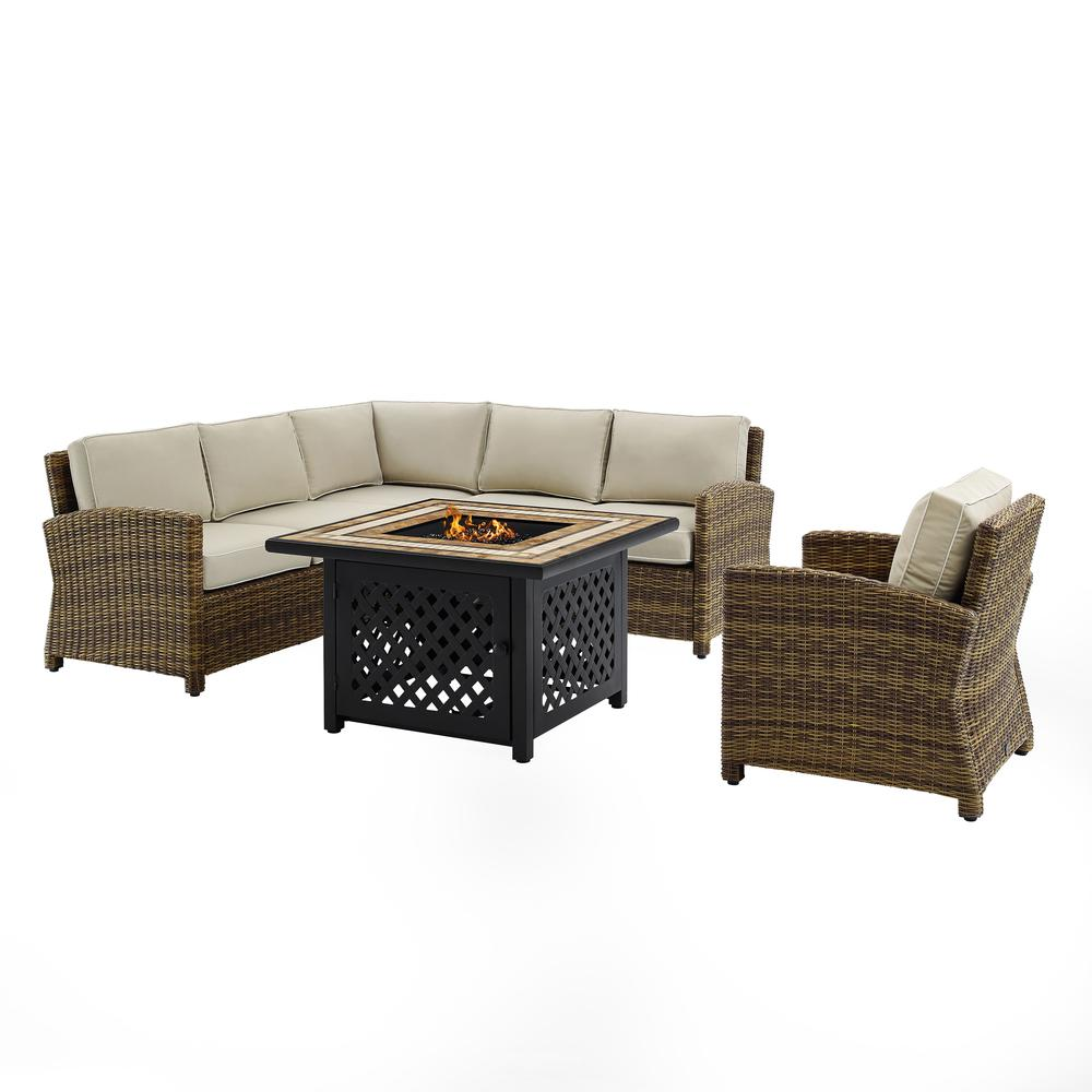 Bradenton 5Pc Outdoor Wicker Sectional Set W/Fire Table Weathered Brown/Sand - Right Corner Loveseat, Left Corner Loveseat, Corner Chair, Arm Chair, Fire Table