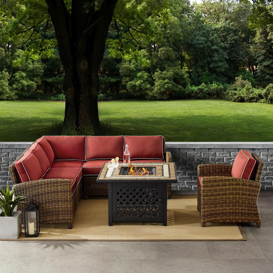 Bradenton 5Pc Outdoor Wicker Sectional Set W/Fire Table Weathered Brown/Sangria - Right Corner Loveseat, Left Corner Loveseat, Corner Chair, Arm Chair, Fire Table