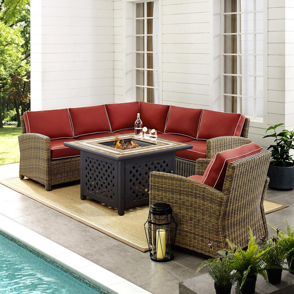 Bradenton 5Pc Outdoor Wicker Sectional Set W/Fire Table Weathered Brown/Sangria - Right Corner Loveseat, Left Corner Loveseat, Corner Chair, Arm Chair, Fire Table