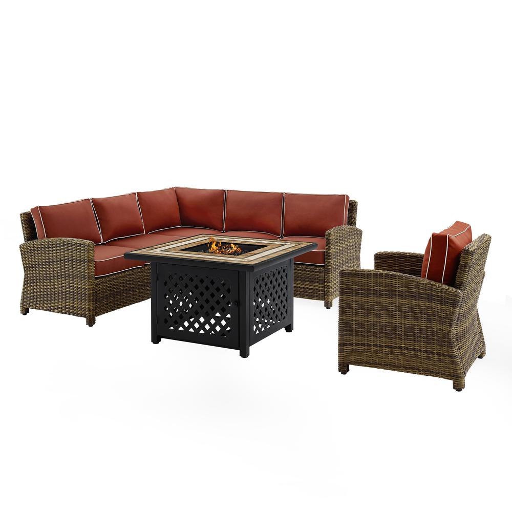 Bradenton 5Pc Outdoor Wicker Sectional Set W/Fire Table Weathered Brown/Sangria - Right Corner Loveseat, Left Corner Loveseat, Corner Chair, Arm Chair, Fire Table