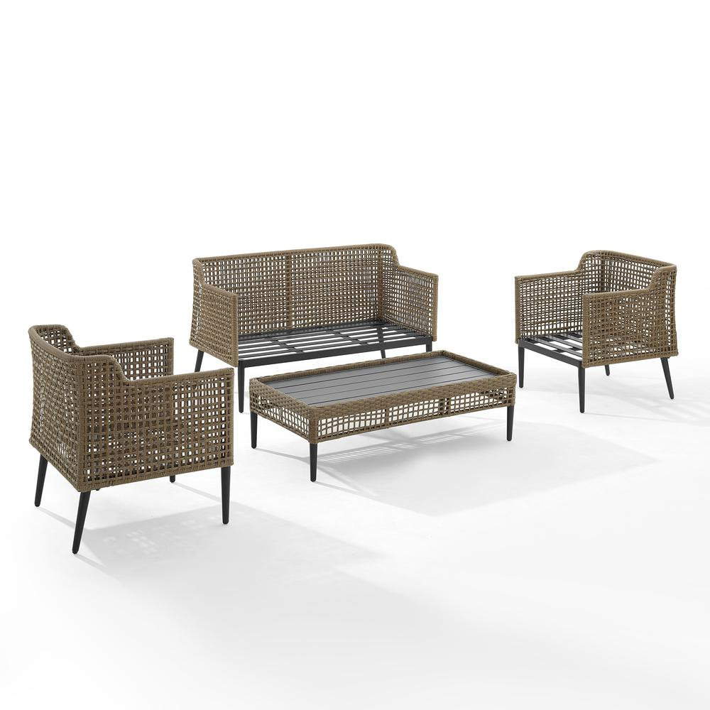 Southwick 4Pc Outdoor Wicker Conversation Set Creme/ Light Brown - Loveseat, Coffee Table Ottoman, & 2 Armchairs