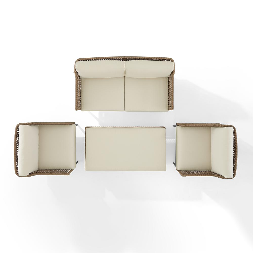 Southwick 4Pc Outdoor Wicker Conversation Set Creme/ Light Brown - Loveseat, Coffee Table Ottoman, & 2 Armchairs