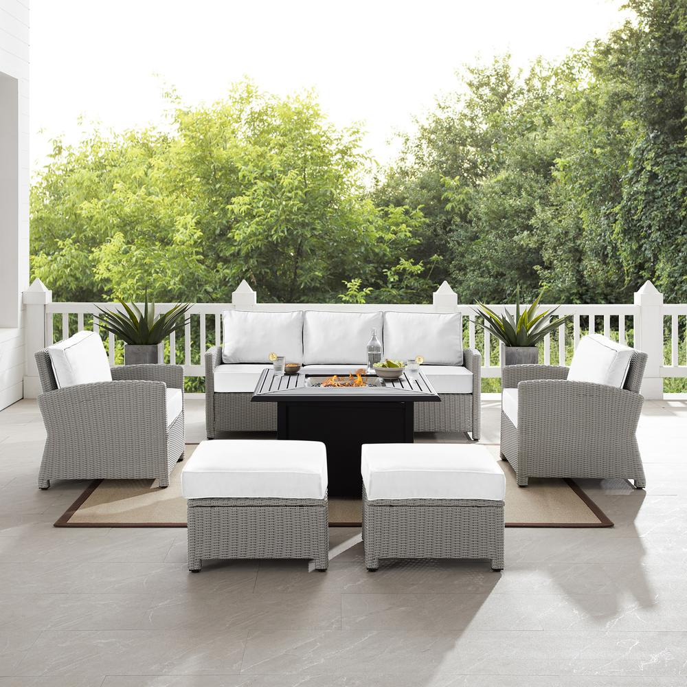 Bradenton 6Pc Outdoor Sofa Set W/Fire Table - Sunbrella White/Gray - Dante Fire Table, Sofa, 2 Armchairs & 2 Ottomans