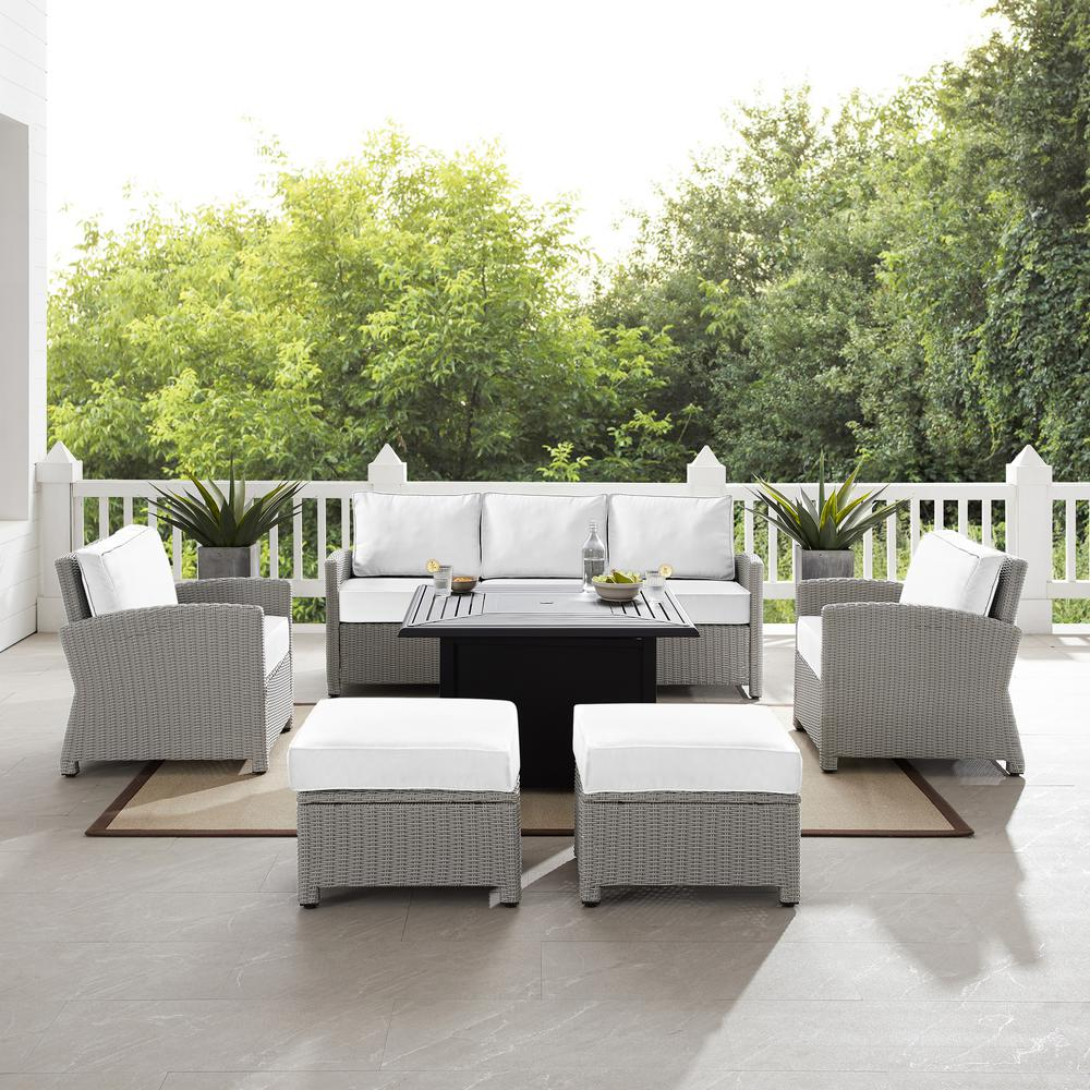Bradenton 6Pc Outdoor Sofa Set W/Fire Table - Sunbrella White/Gray - Dante Fire Table, Sofa, 2 Armchairs & 2 Ottomans