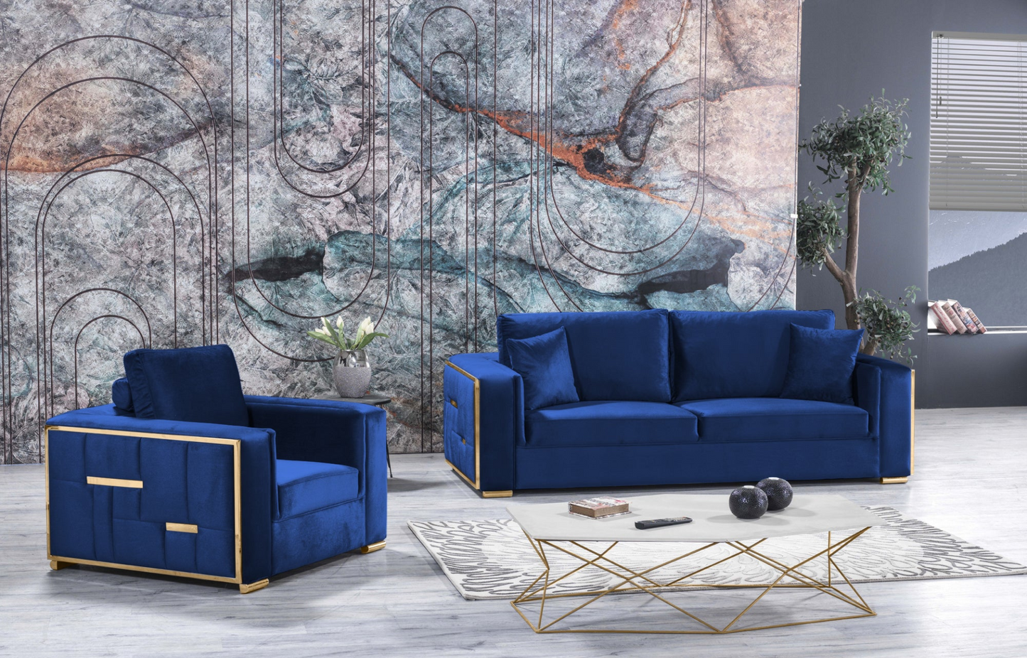Regina Navy Blue Velvet Living Room Set