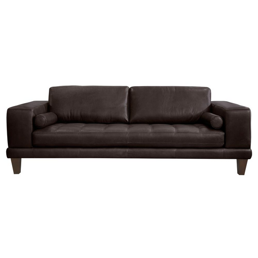 Armen Living Wynne Contemporary Sofa in Genuine Espresso Leather with Brown Wood Legs