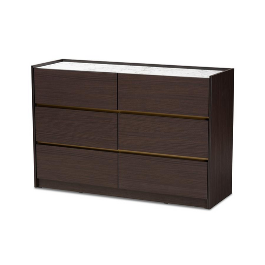 Baxton Studio Walker Modern and Contemporary Dark Brown and Gold Finished Wood 6-Drawer Dresser with Faux Marble Top