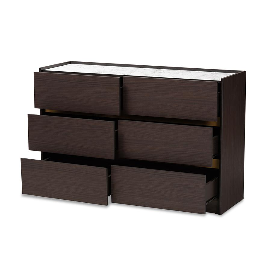 Baxton Studio Walker Modern and Contemporary Dark Brown and Gold Finished Wood 6-Drawer Dresser with Faux Marble Top