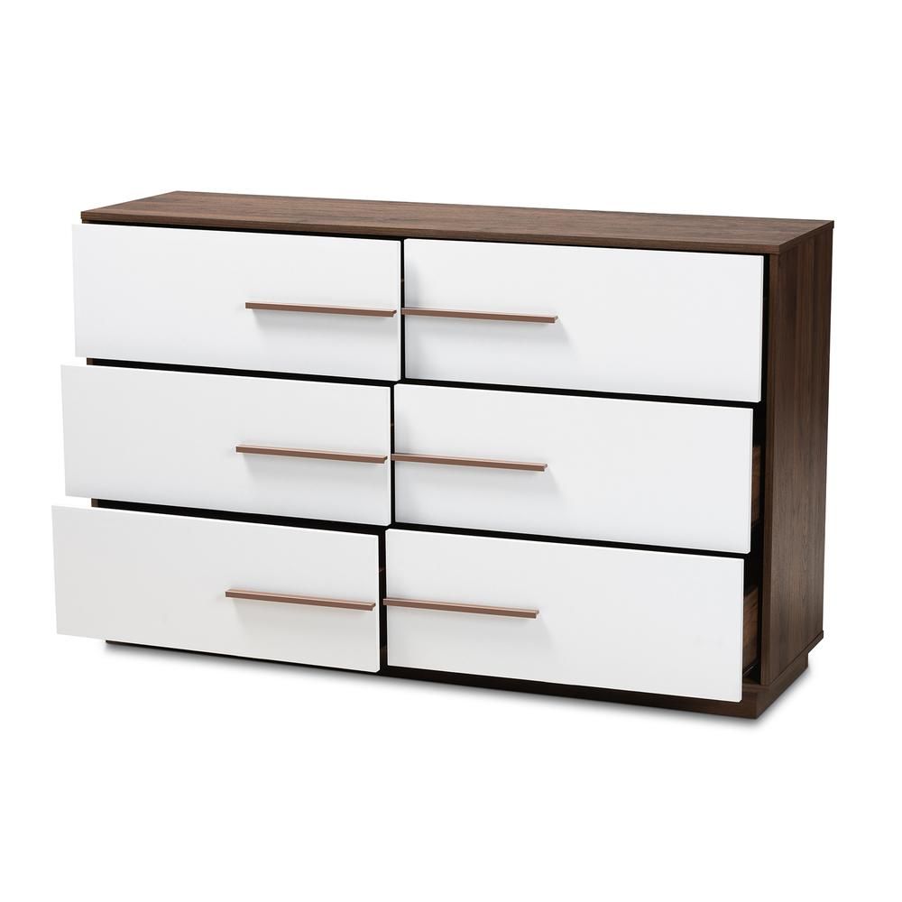 Baxton Studio Mette Mid-Century Modern White and Walnut Finished 6-Drawer Wood Dresser