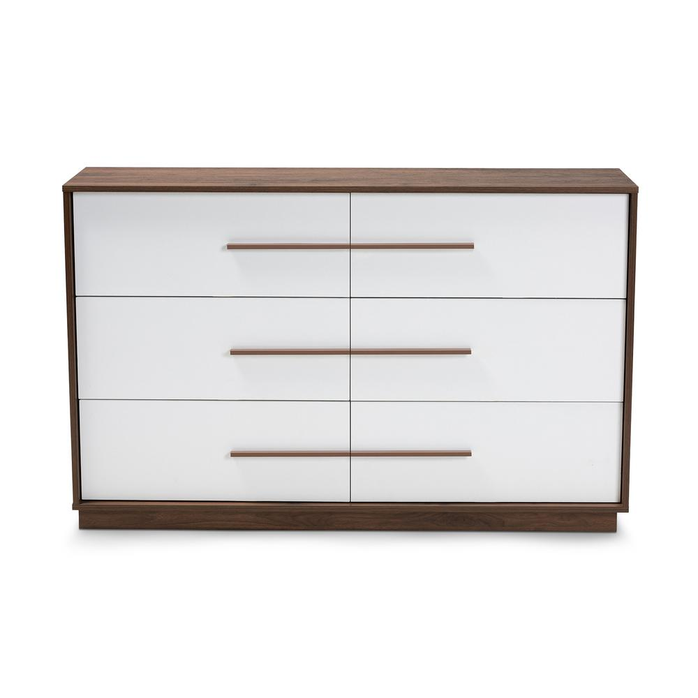 Baxton Studio Mette Mid-Century Modern White and Walnut Finished 6-Drawer Wood Dresser