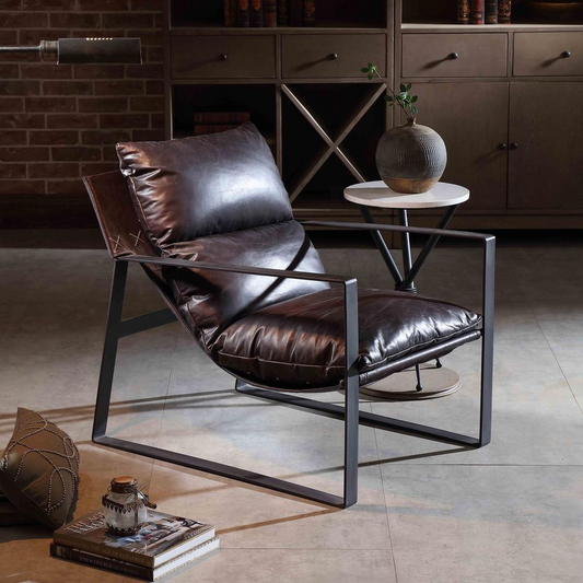 Miller Sling Accent Chair in Genuine Chocolate Leather w/ Black Powder Coated Metal Frame by Diamond Sofa