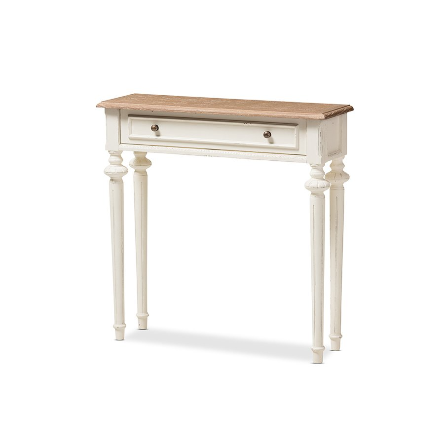 Marquetterie French Provincial Style Weathered Oak and White Wash Distressed Finish Wood Two-Tone Console Table