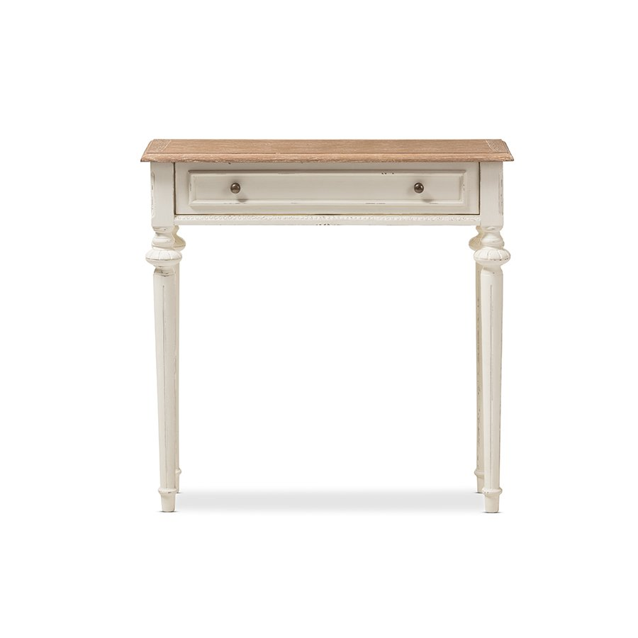 Marquetterie French Provincial Style Weathered Oak and White Wash Distressed Finish Wood Two-Tone Console Table