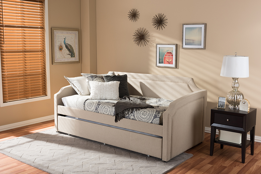 Curved Notched Corners Sofa Twin Daybed with Roll-Out Trundle Guest Bed