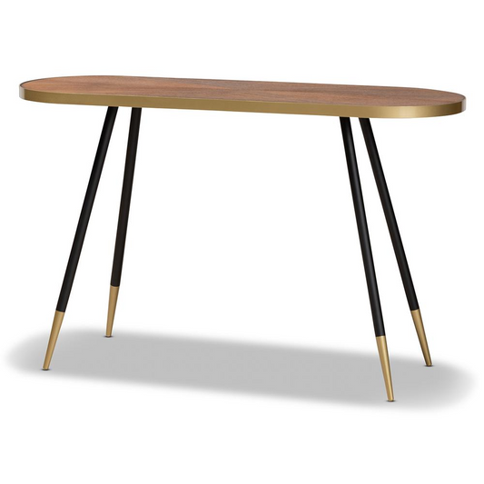 Lauro Modern and Contemporary Walnut Wood Finished and Two-Tone Gold and Black Metal Console Table