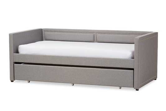 Raymond Grey Fabric Nail Heads Sofa Twin Daybed with Roll-Out Trundle Guest Bed