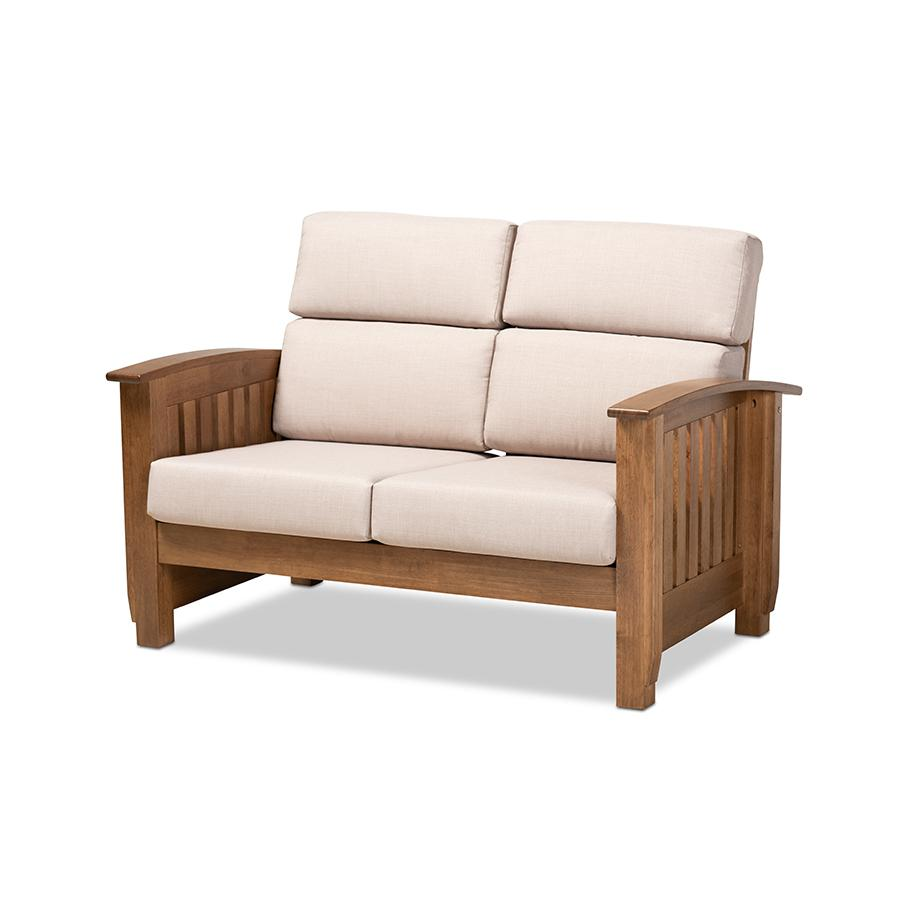 Charlotte Modern Classic Mission Style Taupe Fabric Upholstered Walnut Brown Finished Wood 2-Seater Loveseat