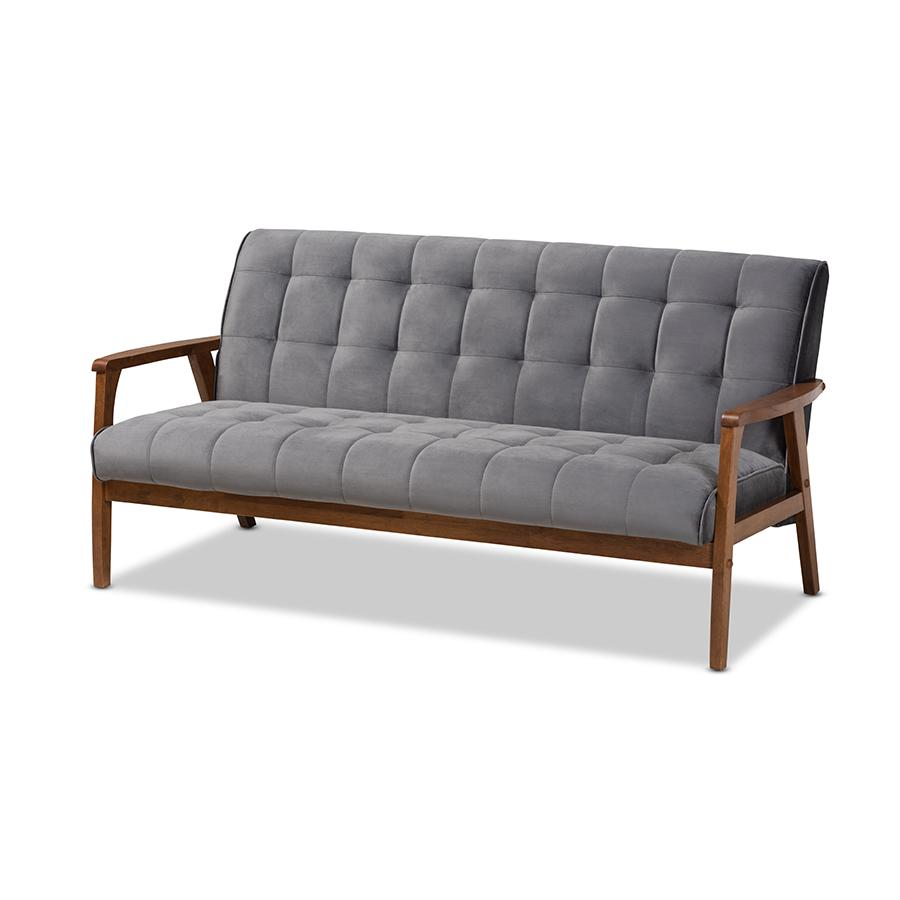 Baxton Studio Asta Mid-Century Modern Grey Velvet Fabric Upholstered Walnut Finished Wood Sofa