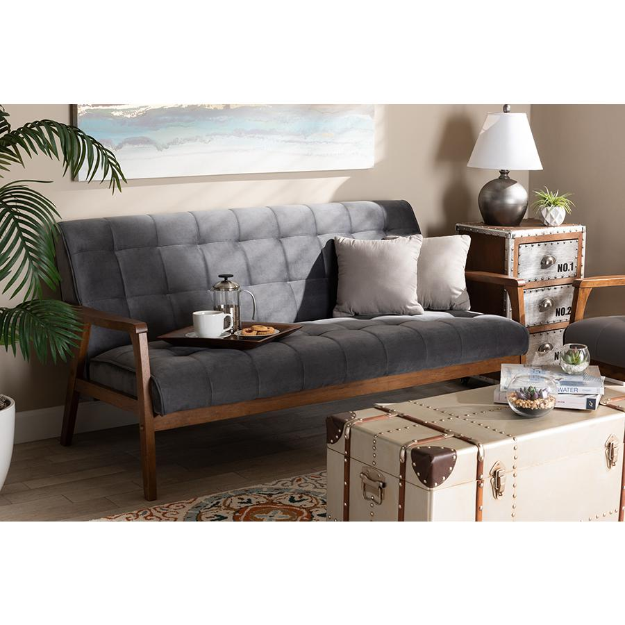 Baxton Studio Asta Mid-Century Modern Grey Velvet Fabric Upholstered Walnut Finished Wood Sofa