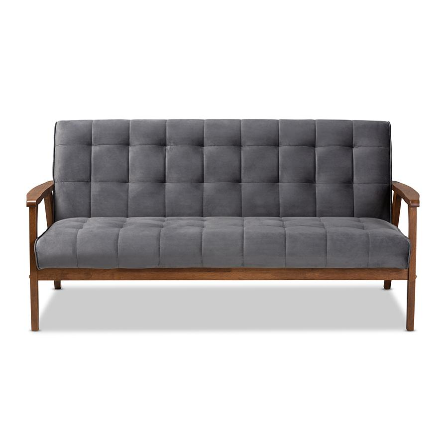 Baxton Studio Asta Mid-Century Modern Grey Velvet Fabric Upholstered Walnut Finished Wood Sofa