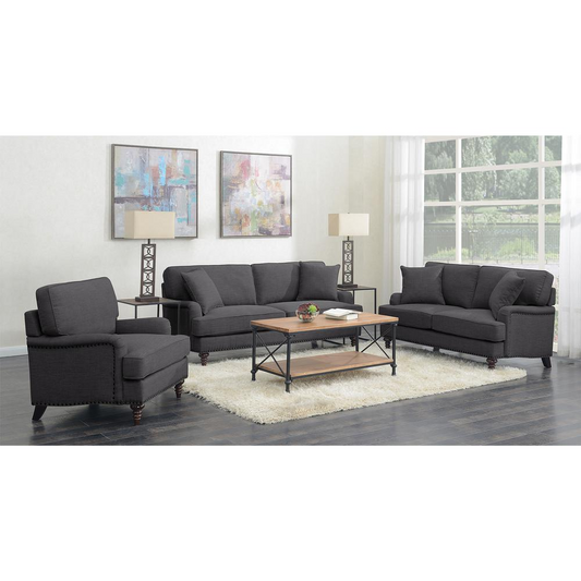 Cassandra 3PC Living Room Set-Sofa, Loveseat & Chair in Charcoal
