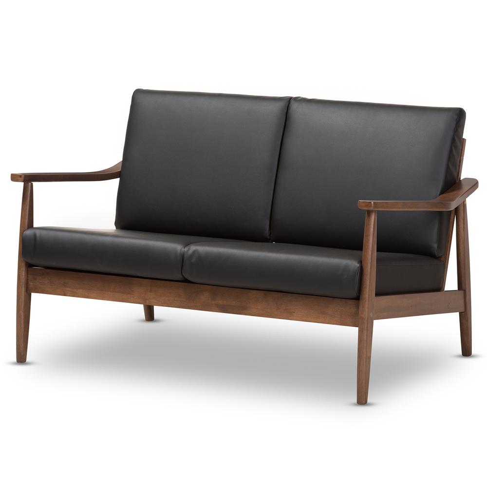 Venza Mid-Century Modern Walnut Wood Black Faux Leather 2-Seater Loveseat