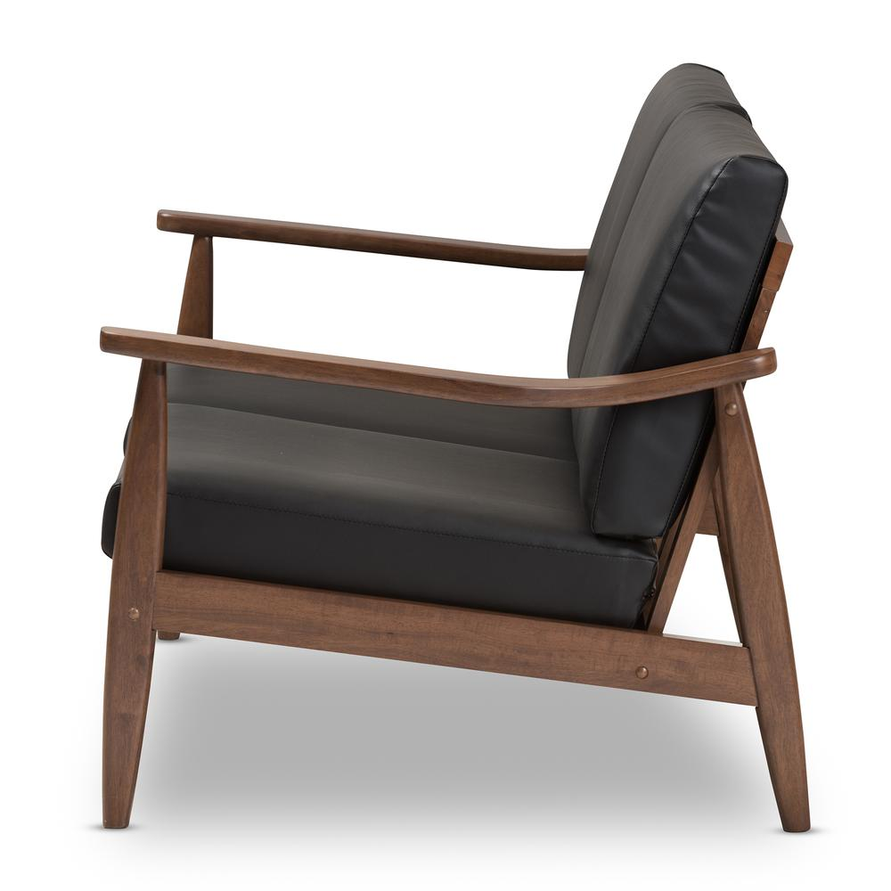 Venza Mid-Century Modern Walnut Wood Black Faux Leather 2-Seater Loveseat