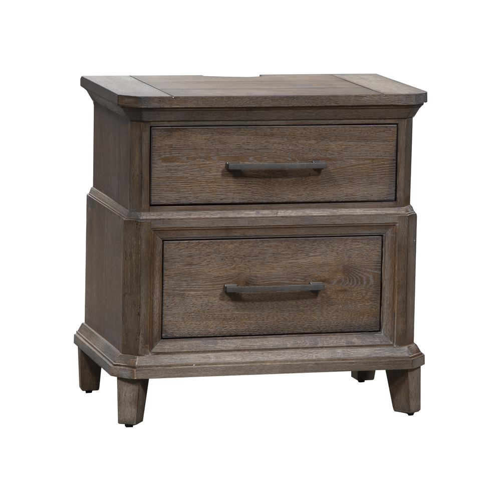 2 Drawer Night Stand w/ Charging Station, Wirebrushed Aged Oak with Gray Dusty Wax Finish