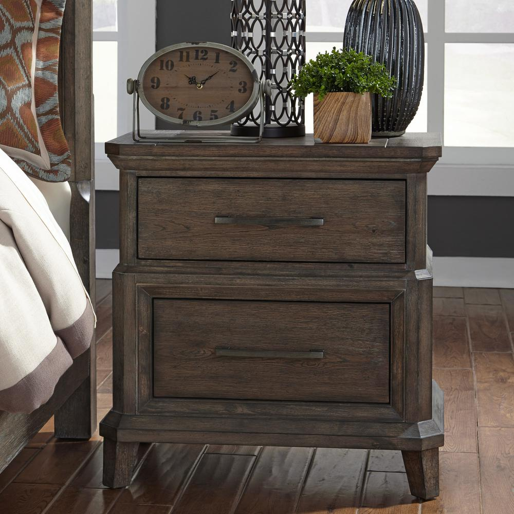 2 Drawer Night Stand w/ Charging Station, Wirebrushed Aged Oak with Gray Dusty Wax Finish