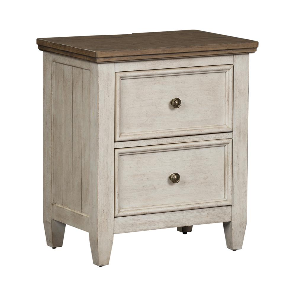 2 Drawer Night Stand w/ Charging Station, Antique White Finish w/ Tobacco Tops