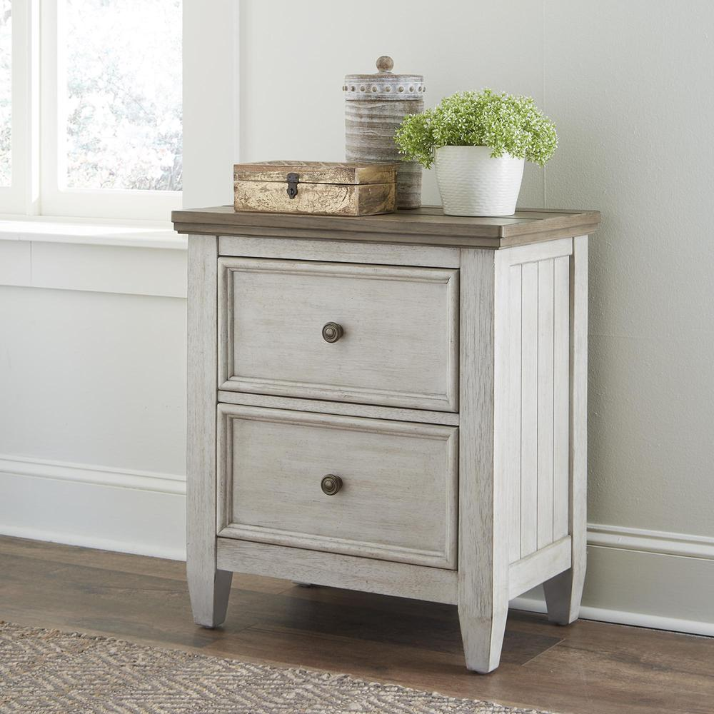 2 Drawer Night Stand w/ Charging Station, Antique White Finish w/ Tobacco Tops