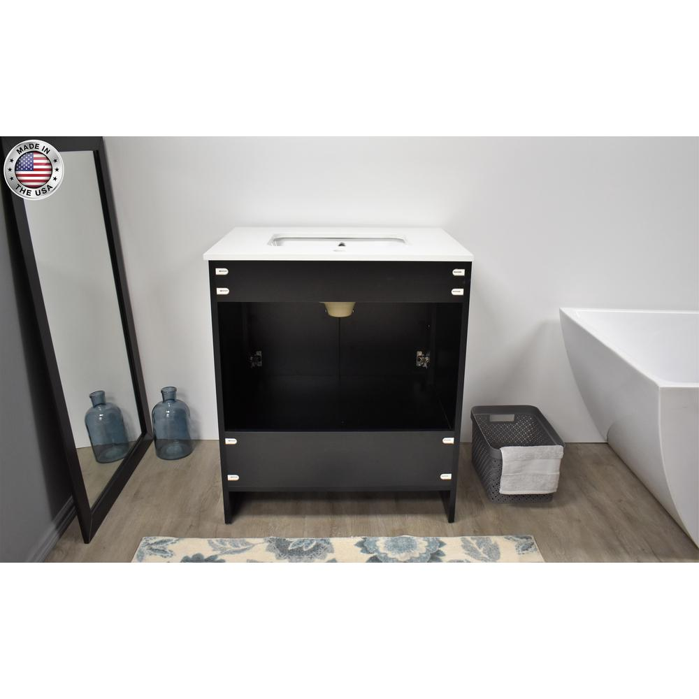 Capri 30" Modern Bathroom Vanity in Black with White Microstone Top w/ Preinstalled Undermount Sink and Brushed Nickel Edge Handles