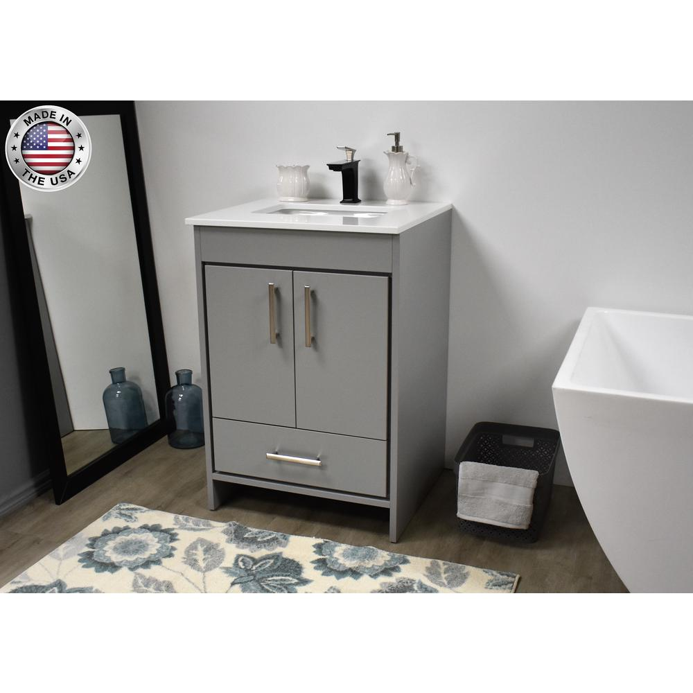 Capri 24" Modern Bathroom Vanity in Grey with White Microstone Top w/ Preinstalled Undermount Sink and Brushed Nickel Edge Handles